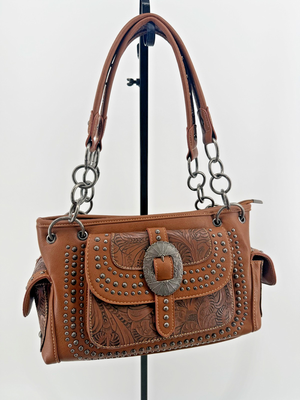 American Bling Western Tooled Studded Leather Bag Boho Rodeo Coastal Cowgirl